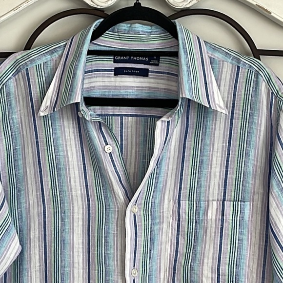 GRANT THOMAS PURE LINEN STRIPE BUTTON DOWN SHIRT SIZE MEDIUM - Picture 2 of 7